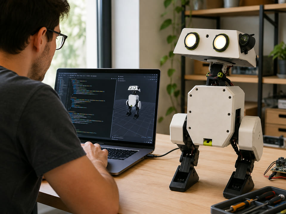 A developer testing a compact biped robot beside a laptop running code and simulation software