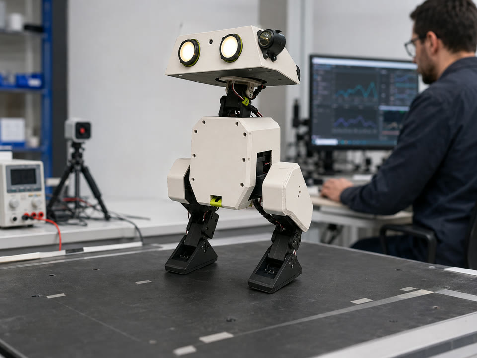 A small biped robot performing a gait test on a laboratory workbench