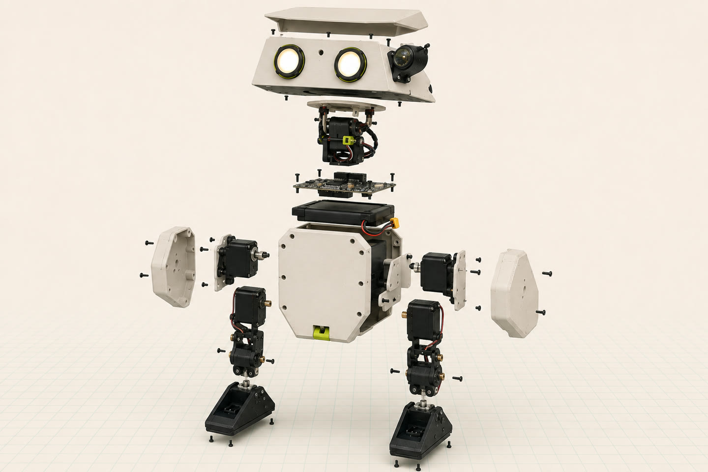 Exploded-view visualization of the same MechaSeed One robot, showing its recognizable head, electronics, battery, body shell, servos, legs, and feet