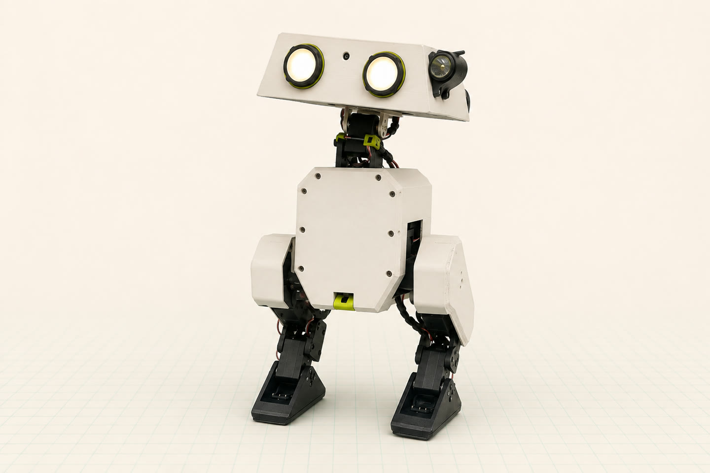 MechaSeed One engineering visualization with a wide chamfered head, two round eyes, modular shell, exposed leg joints, and broad biped feet