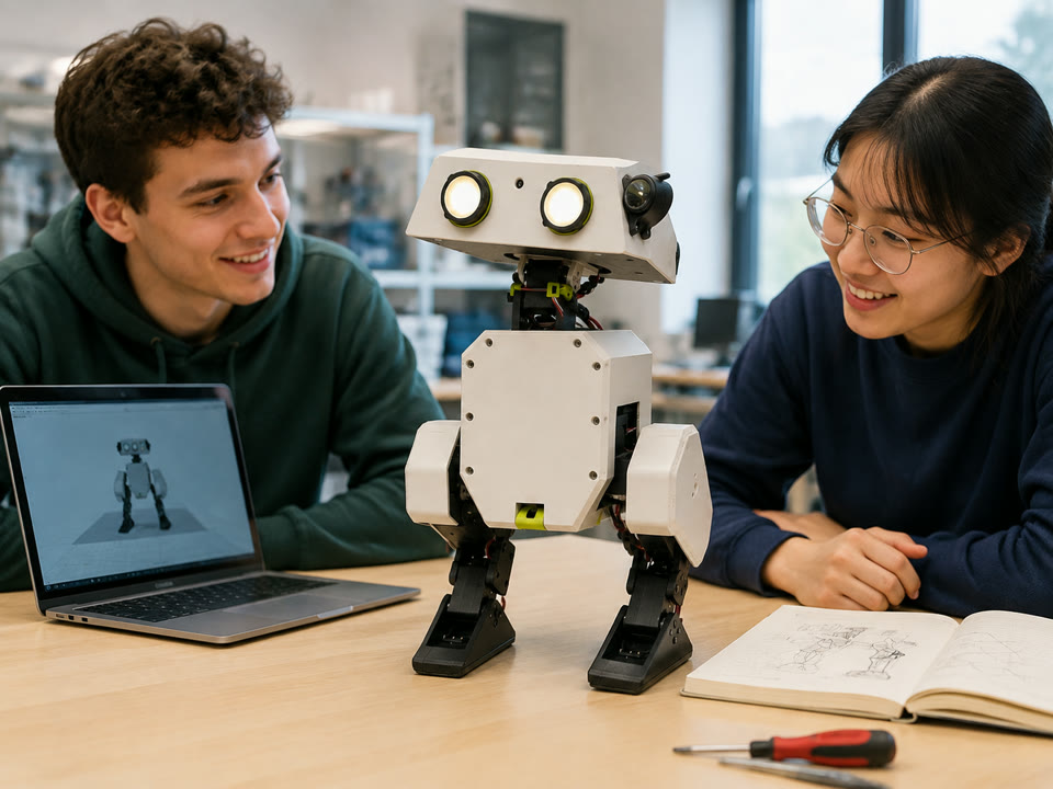 Two university students studying a modular biped robot in a bright robotics lab