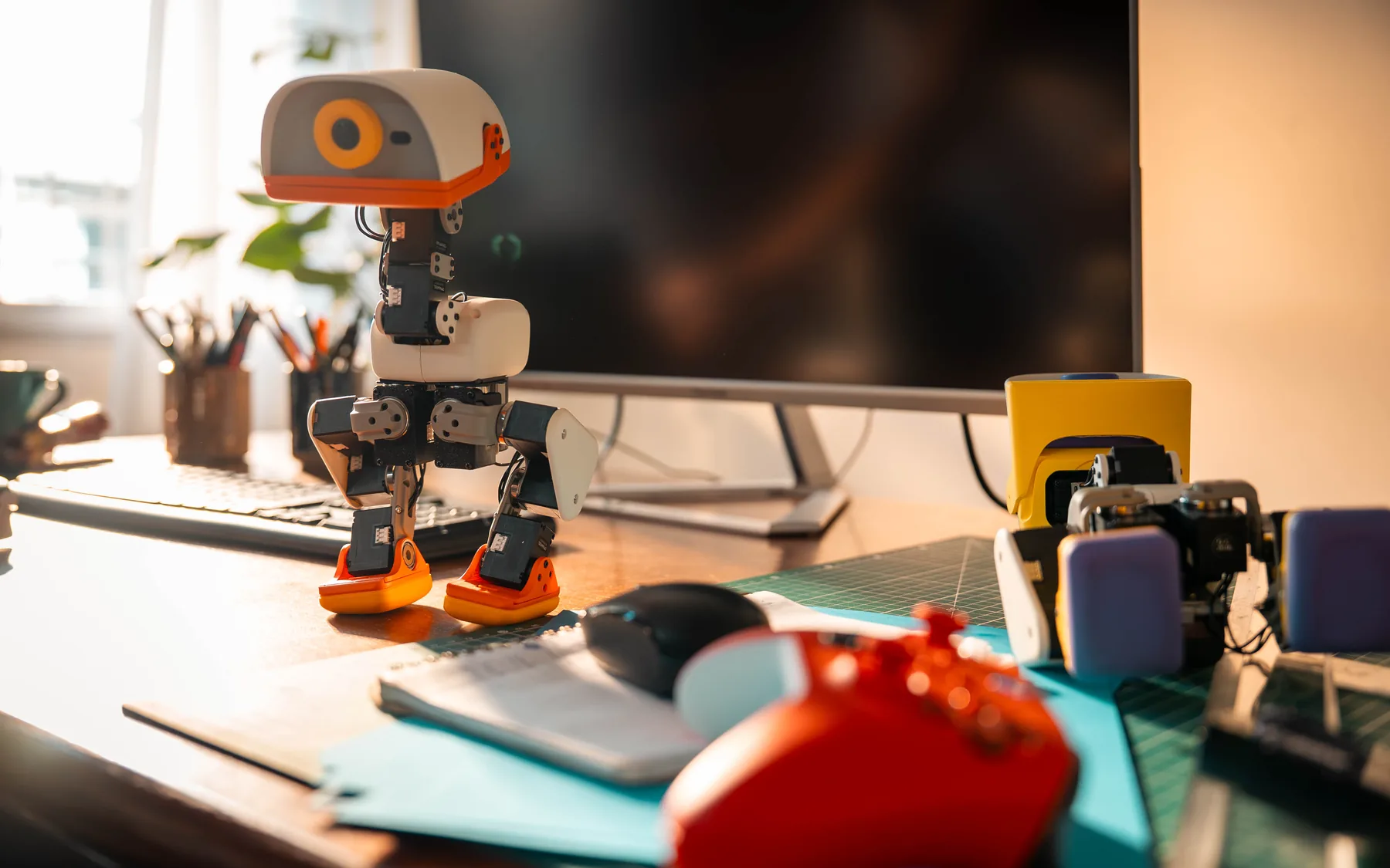 MicroDuck robot by Pollen Robotics on a developer desk with another small biped in the foreground