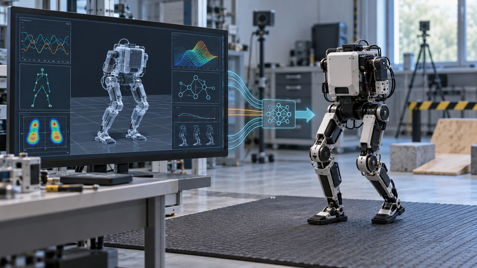 AI-generated engineering visualization of a generic small biped robot beside its matching physics-simulation model in a robotics lab