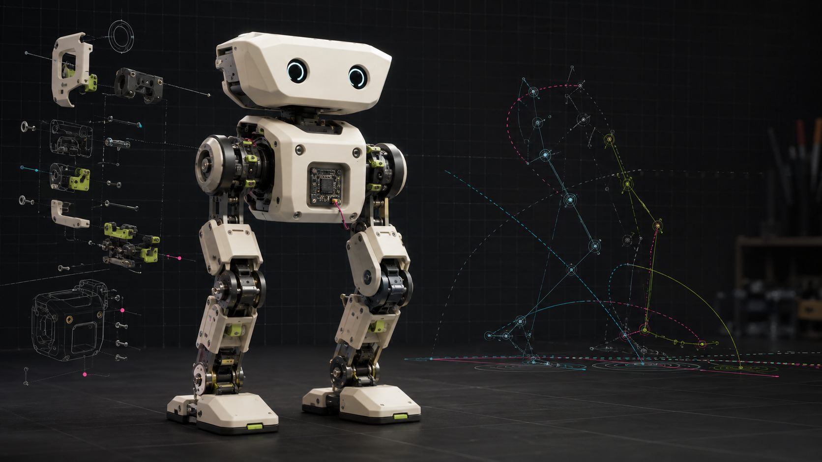 Engineering visualization of an original modular small biped robot beside exploded components and simulated gait traces.