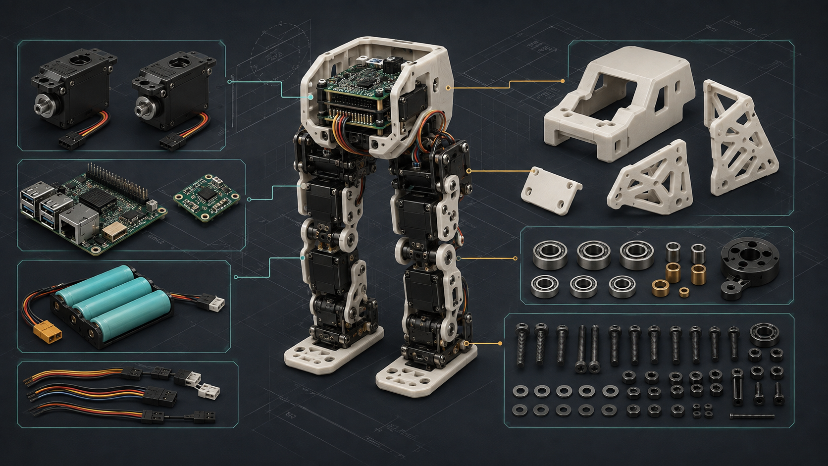 Engineering visualization of an exploded small biped robot BOM with servos, electronics, batteries, printed parts, bearings, wiring, and fasteners