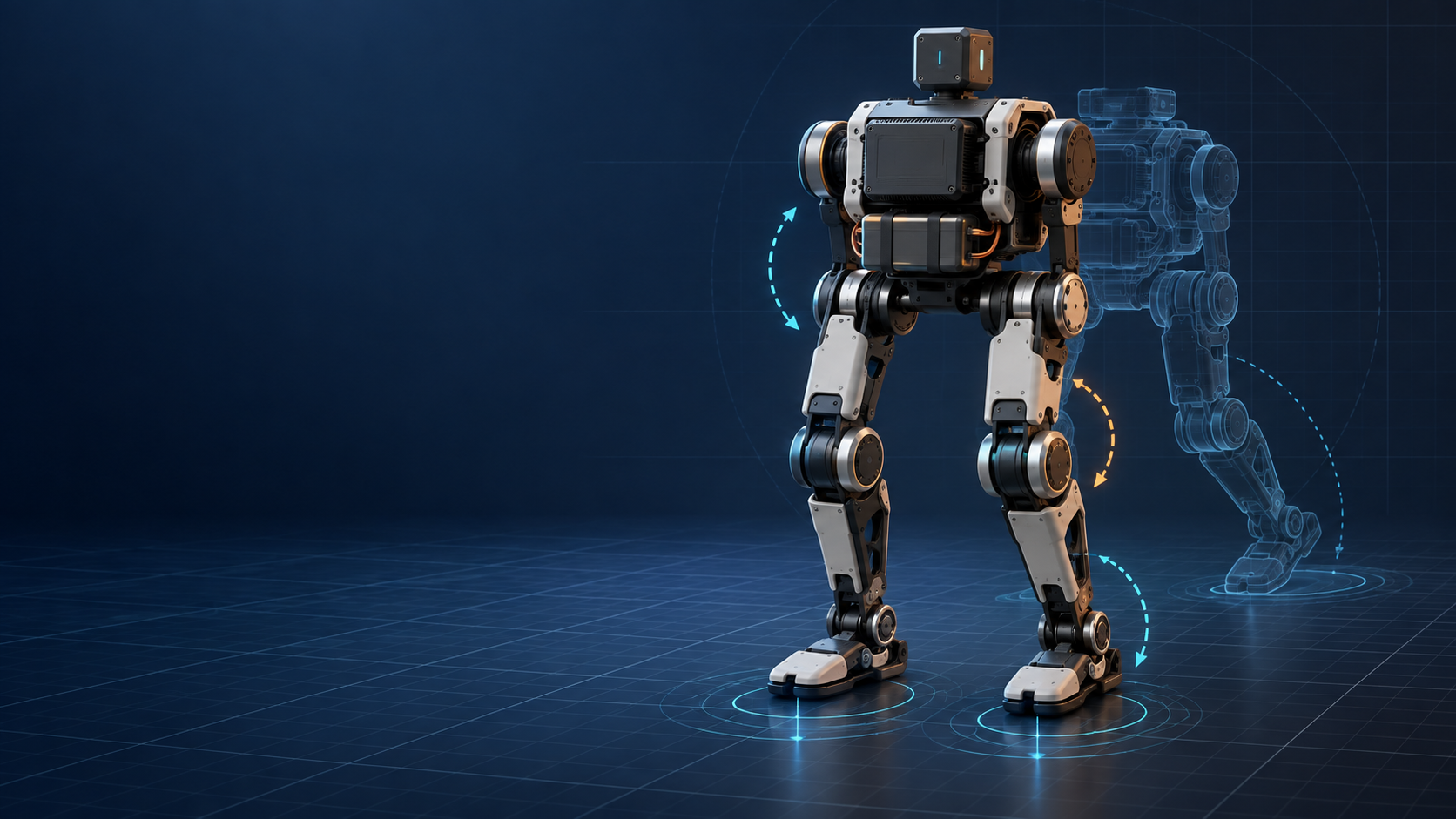 Engineering visualization of a generic small biped robot and a simulated twin; not a MechaSeed product photograph.