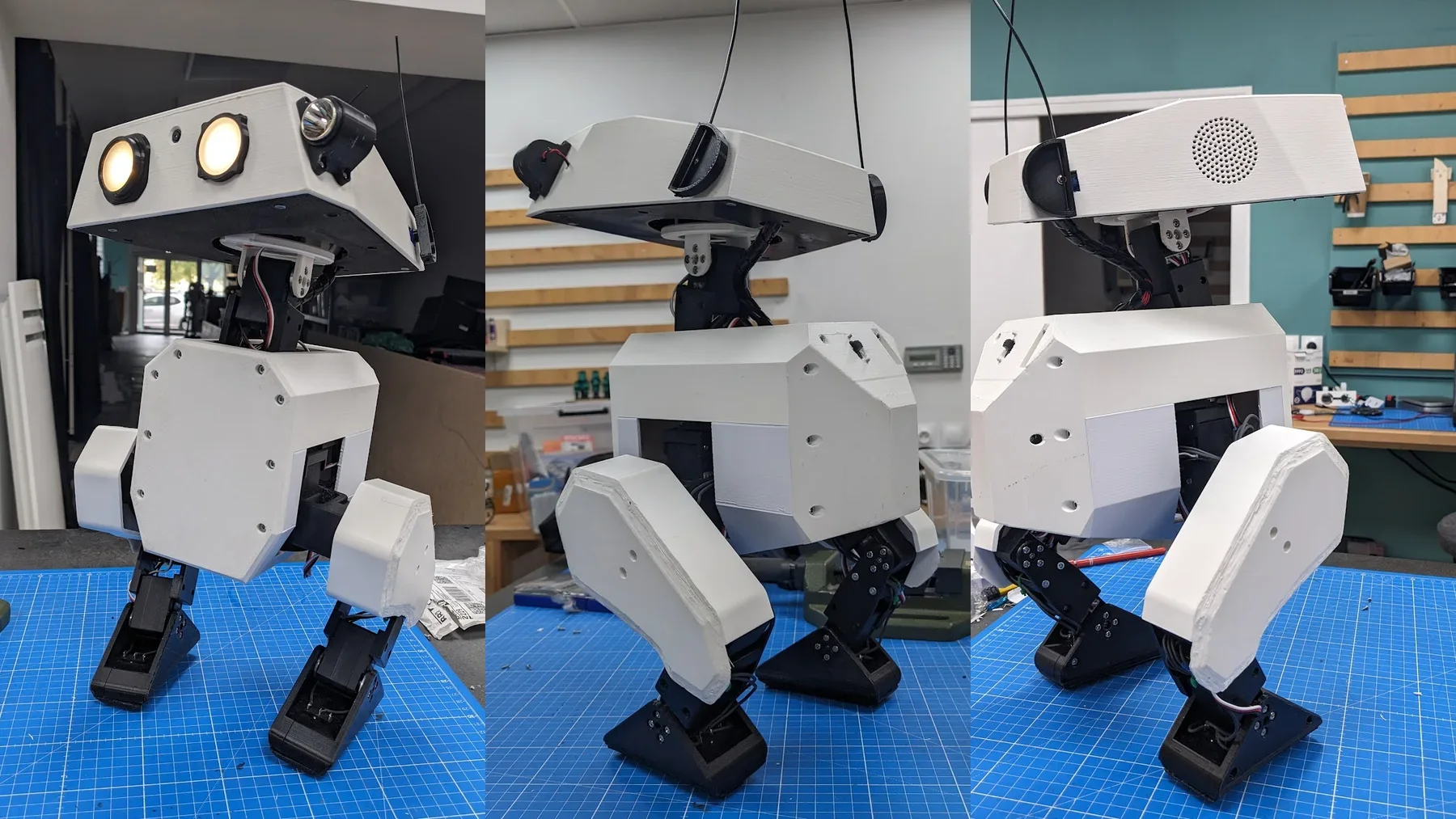 Three real Open Duck Mini v2 workshop photographs showing front and side views of an assembled DIY biped robot