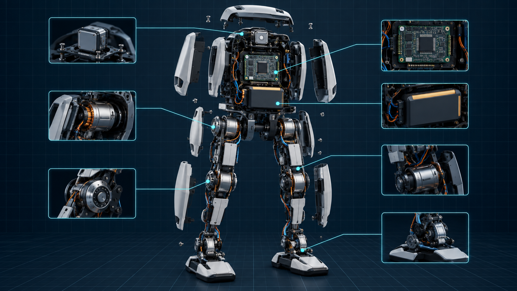 Exploded engineering visualization of a small biped robot's joints, sensors, compute, battery, and wiring