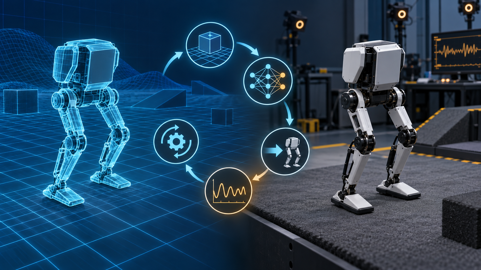 Engineering visualization of a small biped robot moving from simulation to real hardware testing