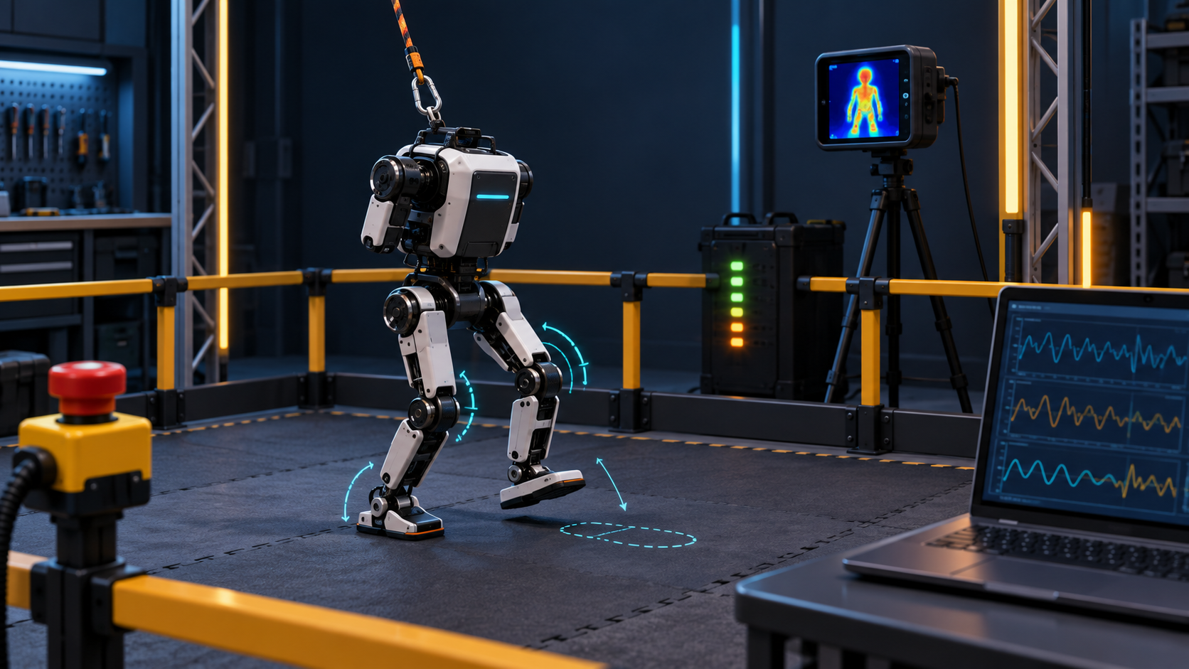 Engineering visualization of a tethered small biped robot undergoing monitored safety tests